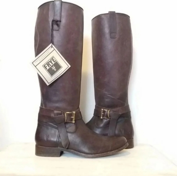 Frye 7 melissa knot tall leather boots dark brown zip pull riding - Picture 1 of 8